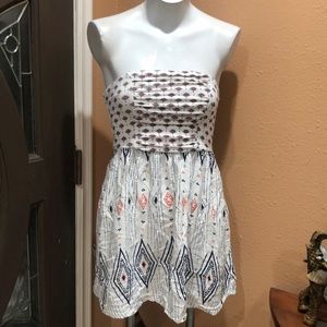 Roxy Strapless Dress in White with Blue and Red Patterns